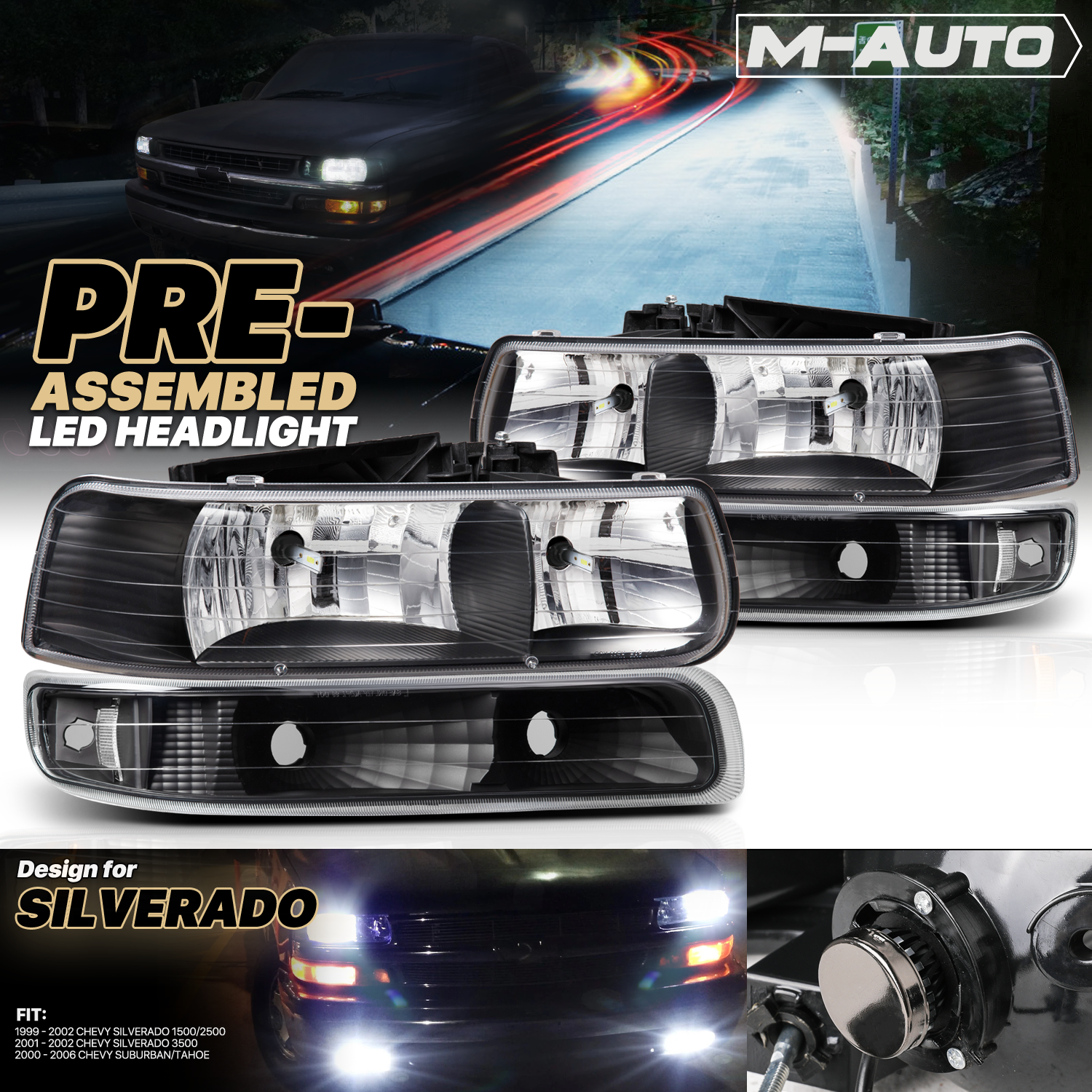 Factory Style Headlight w/LED Bulbs (Black)<br>99-02 Chevy Silverado, 00-06 Suburban