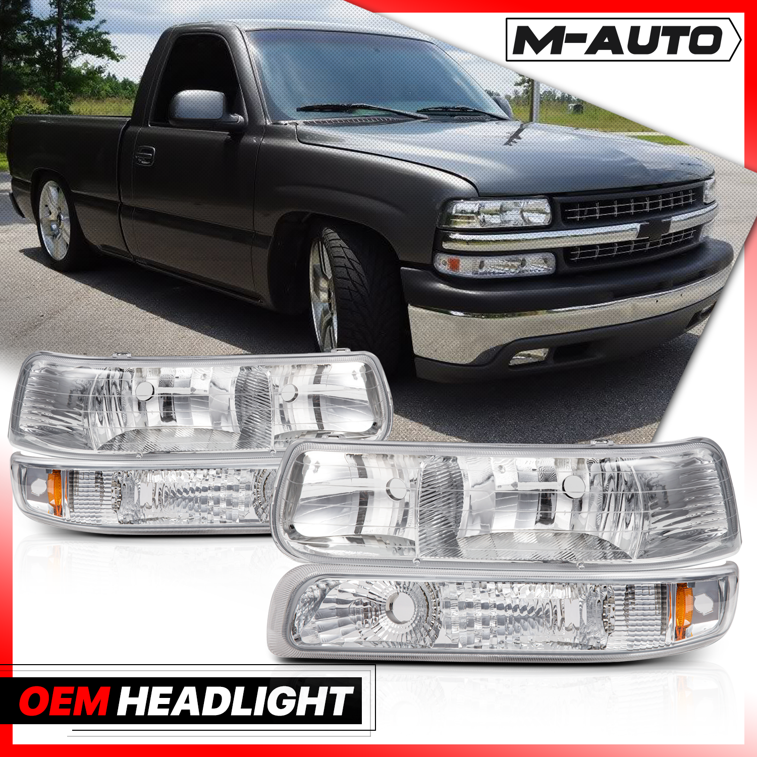 Factory Style Headlight (Chrome/Amber)<br>99-02 Chevy Silverado, 00-06 Suburban