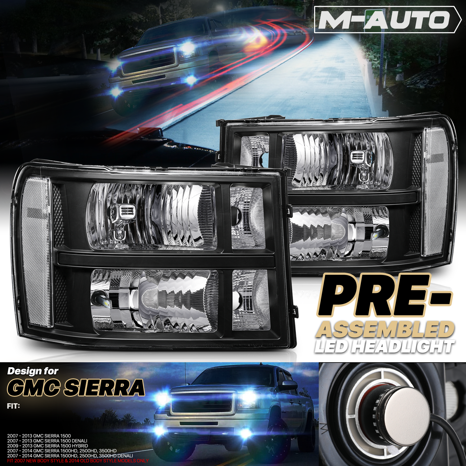 Factory Style Headlights w/LED Bulbs (Black)<br>07-14 GMC Sierra Denali, Hybrid