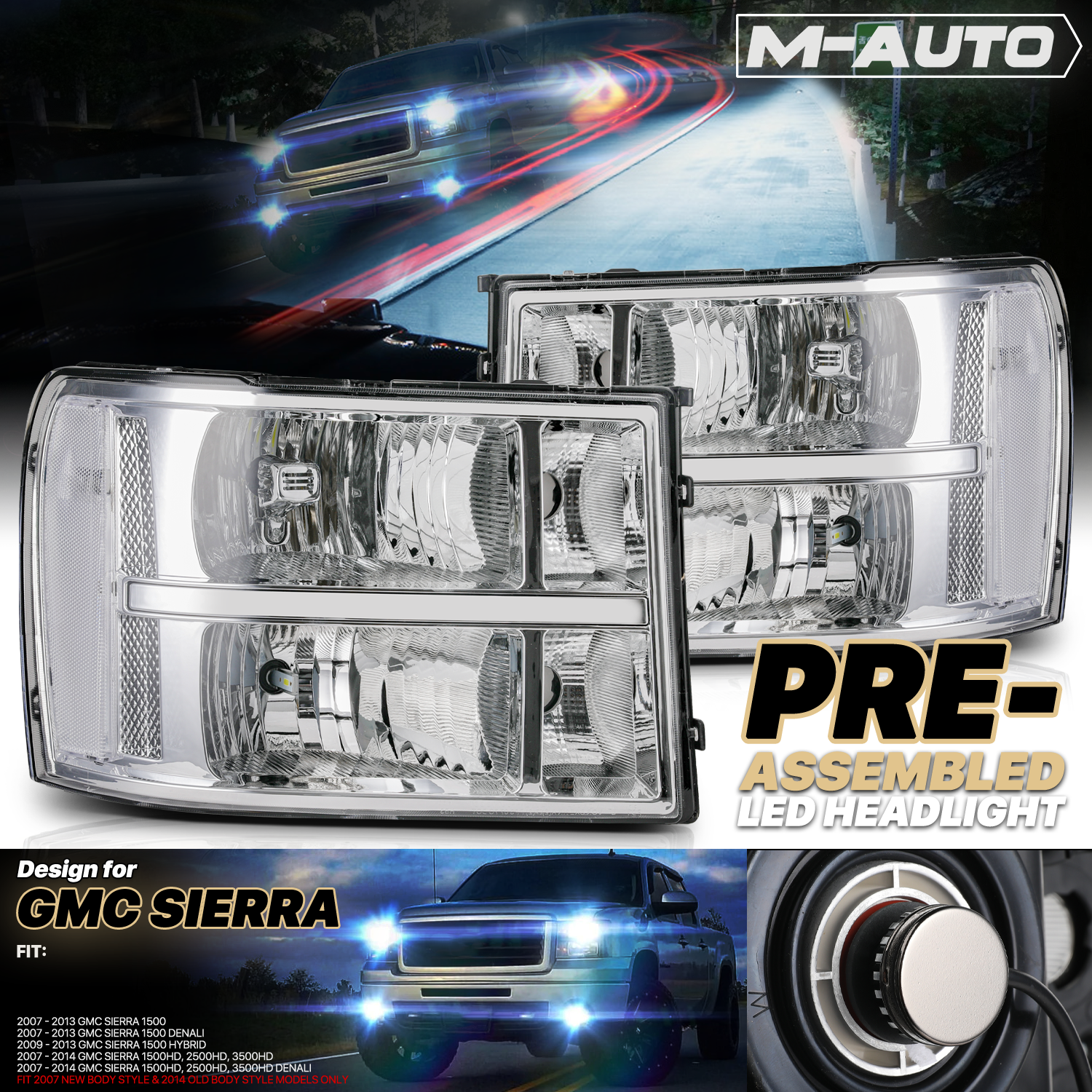 Factory Style Headlights w/LED Bulbs (Chrome)<br>07-14 GMC Sierra Denali, Hybrid