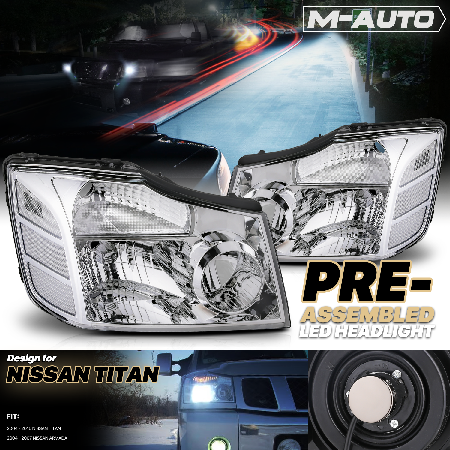 Factory Style Headlights w/LED Bulbs (Chrome)<br>04-07 Nissan Armada, 04-15 Titan