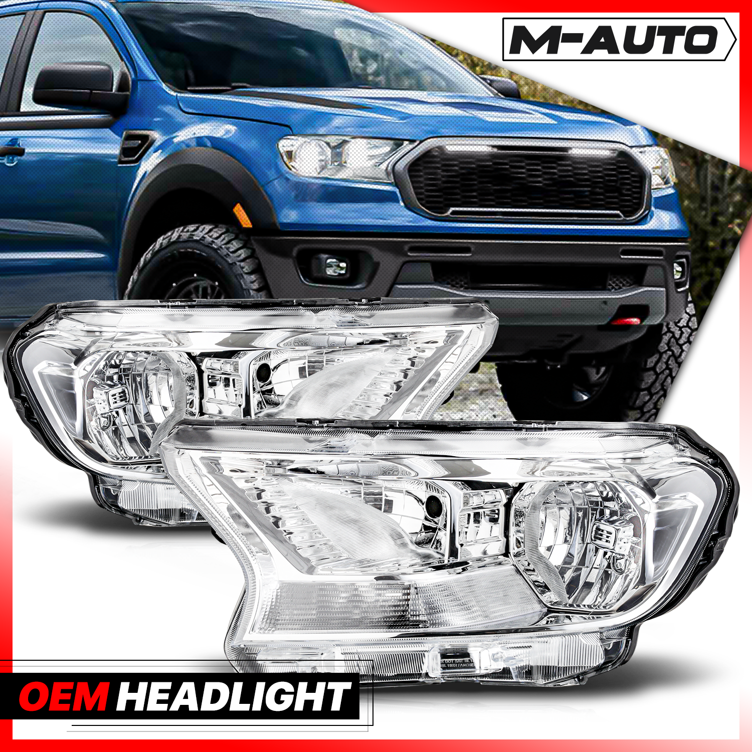 Factory Style Headlights (Chrome)<br>19-21 Ford Ranger XL, XLT