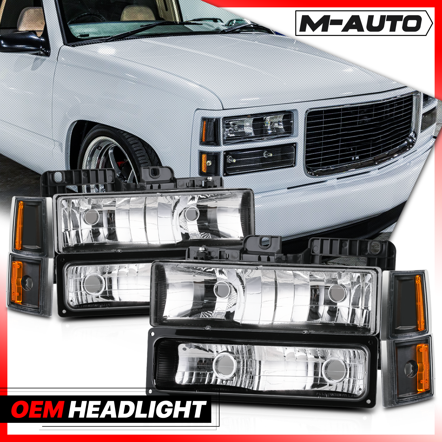 8pcs Headlights+Corner/ Bumper Light (Black)<br>94-00 GMC C/K C10 Pickup, Suburban