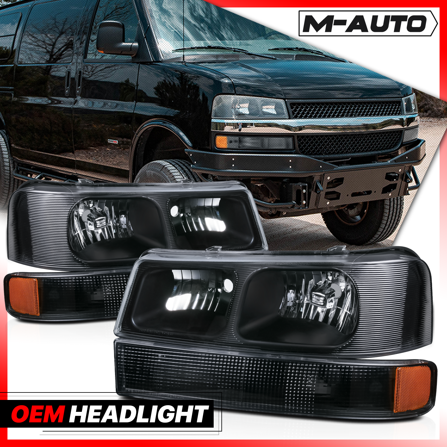 Factory Style Headlight+Bumper Light (Black/Amber)<br>03-23 Chevy Express, GMC Savana