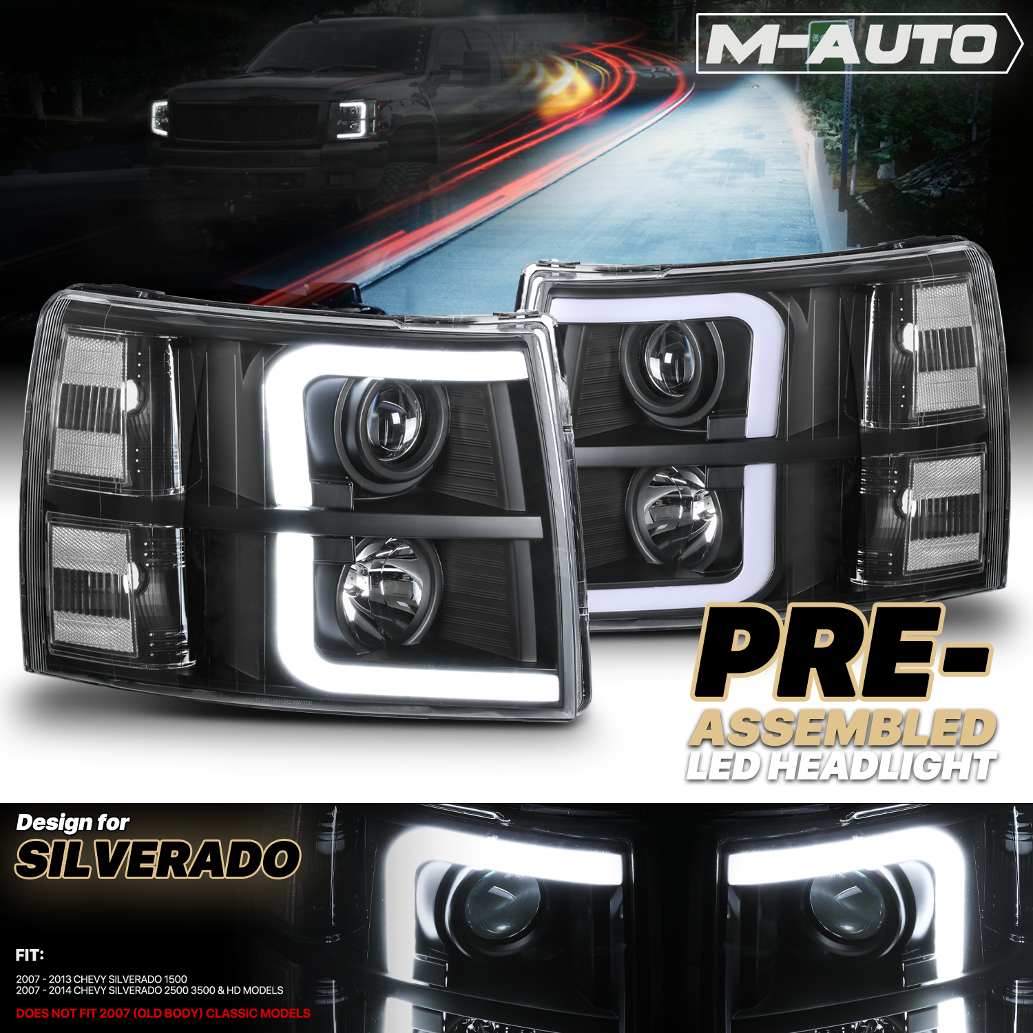 Projector Headlight w/LED DRL, LED Bulbs <br>07-14 Chevy Silverado