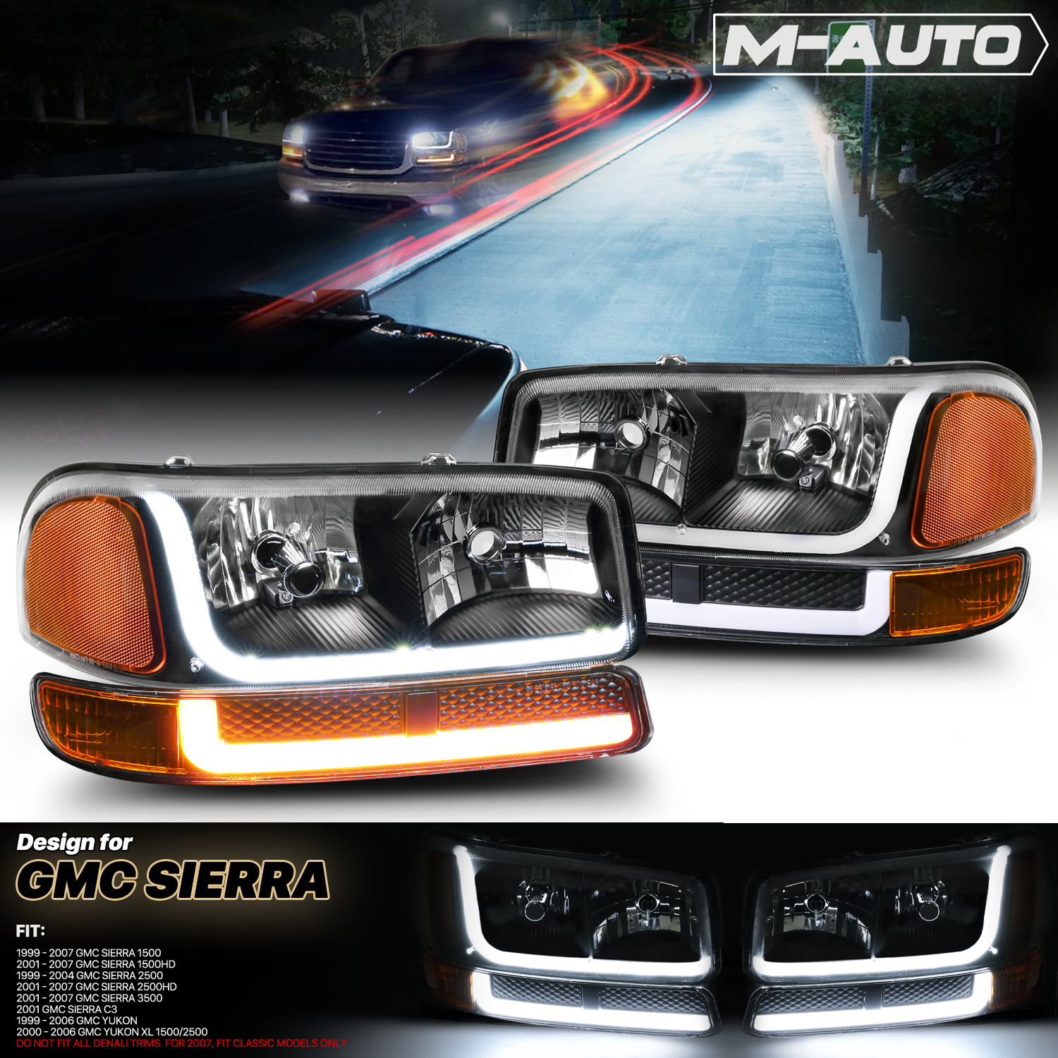 Switchback LED Strip Headlight (Black)<br>99-07 GMC Sierra, Yukon XL