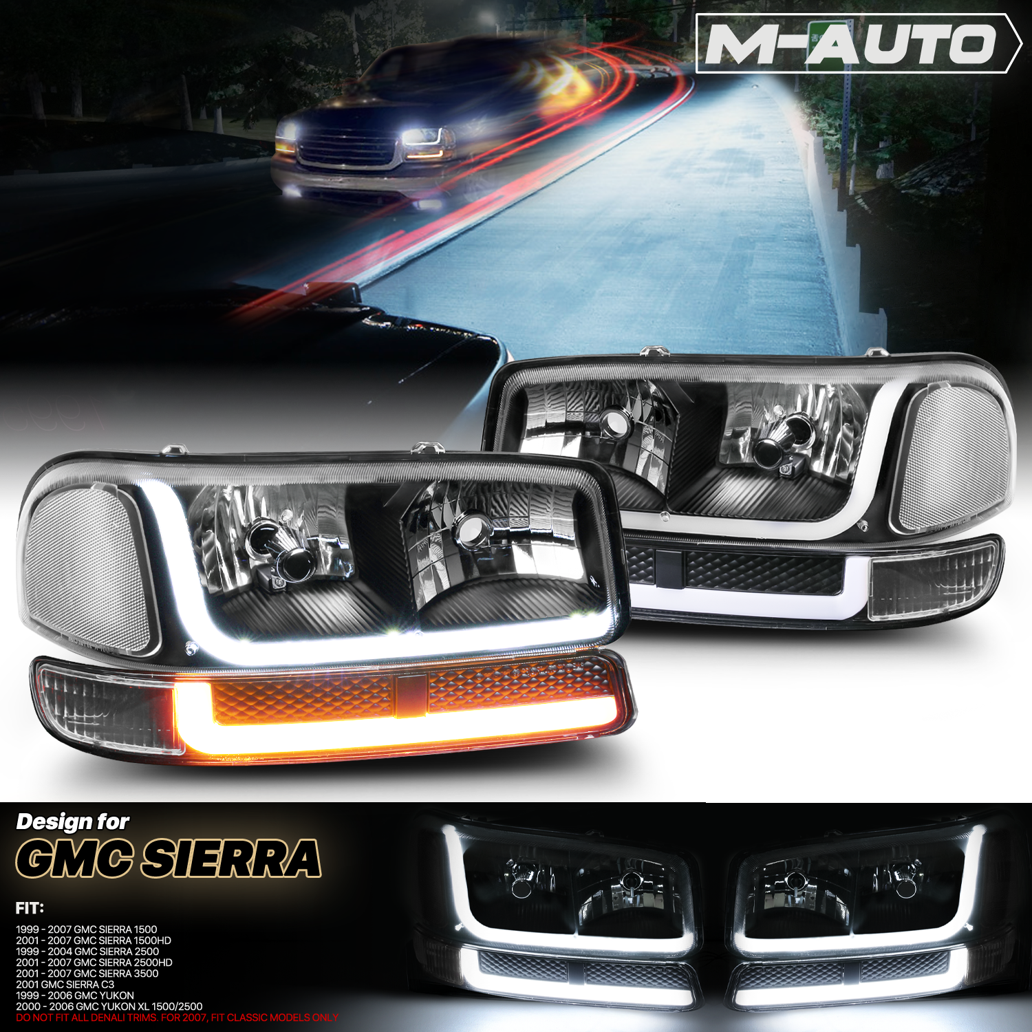 Switchback LED Strip Headlight <br>99-07 GMC Sierra, Yukon XL