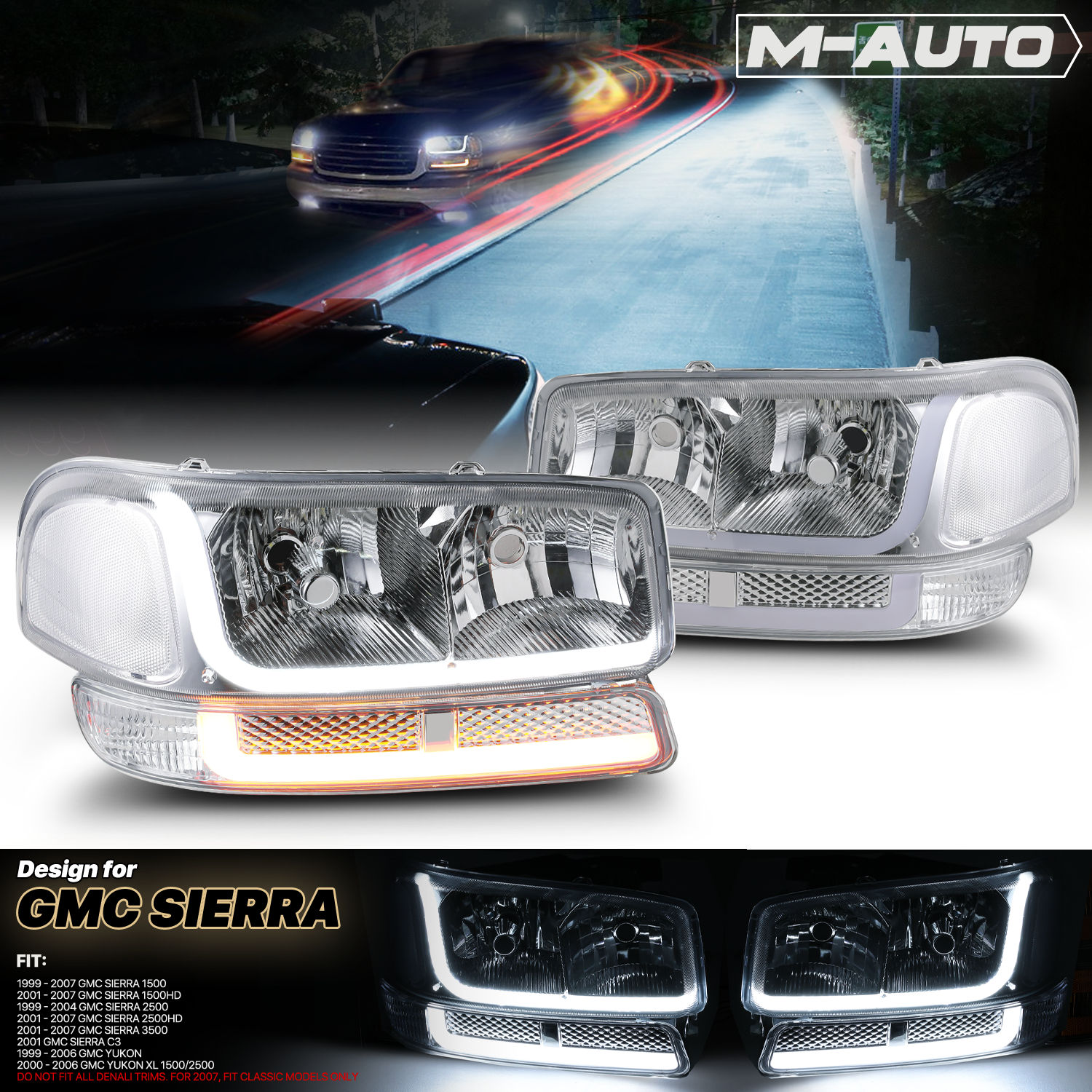 Switchback LED Strip Headlight (Chrome)<br>99-07 GMC Sierra, Yukon XL