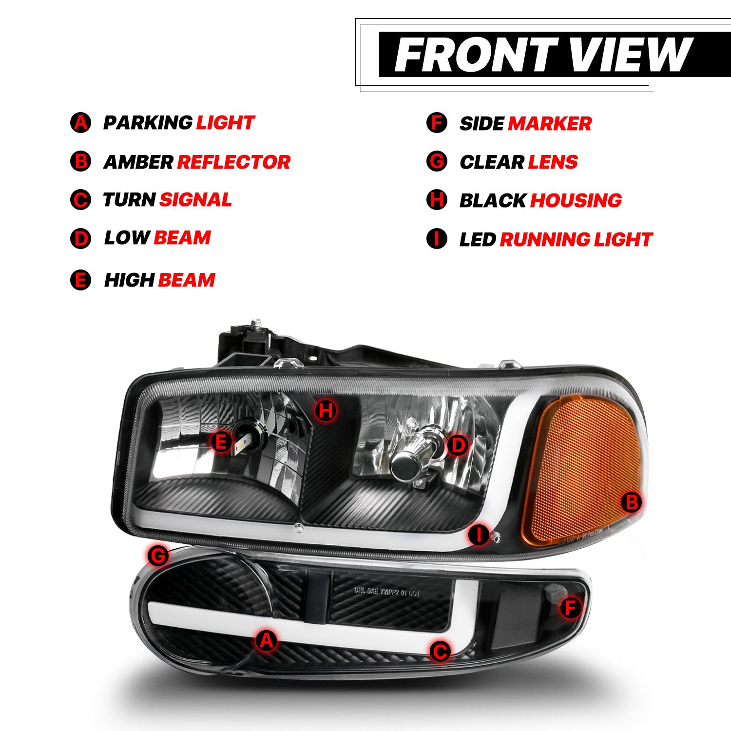 Switchback LED Strip Headlight w/LED Bulbs (Black)<br>01-07 GMC Sierra, Yukon XL Denali