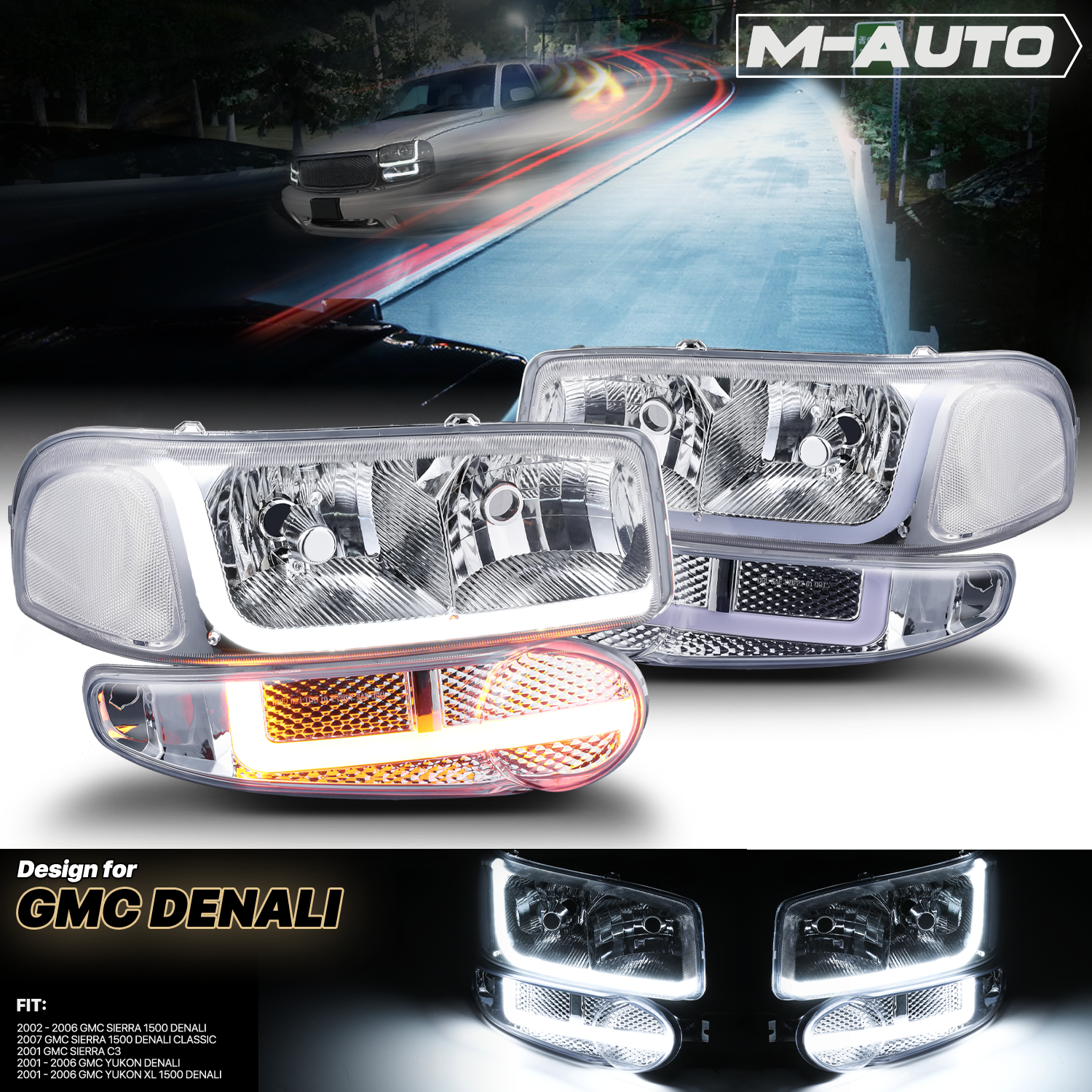 Switchback LED Strip Headlight (Chrome)<br>01-07 GMC Sierra, Yukon XL Denali