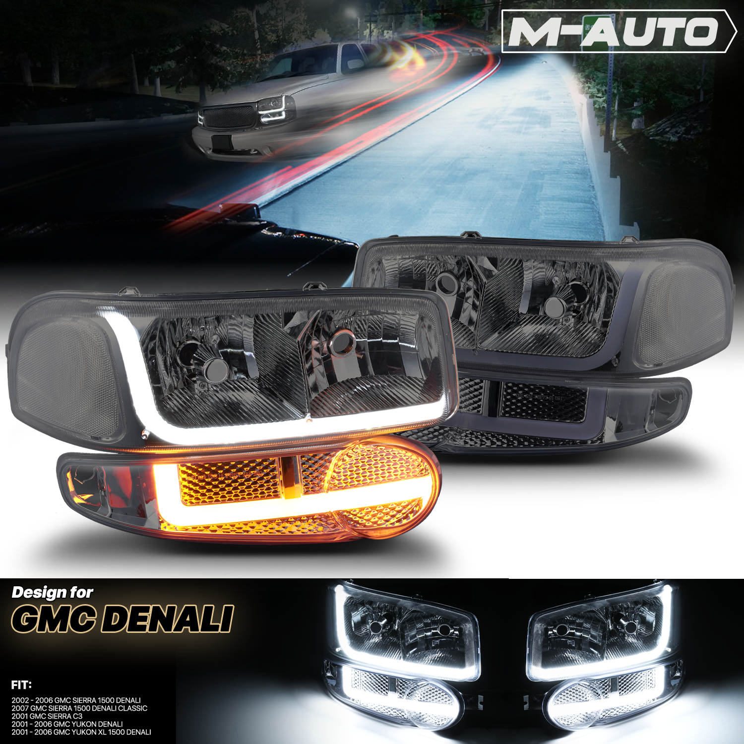 Switchback LED Strip Headlight (Smoked)<br>01-07 GMC Sierra, Yukon XL Denali