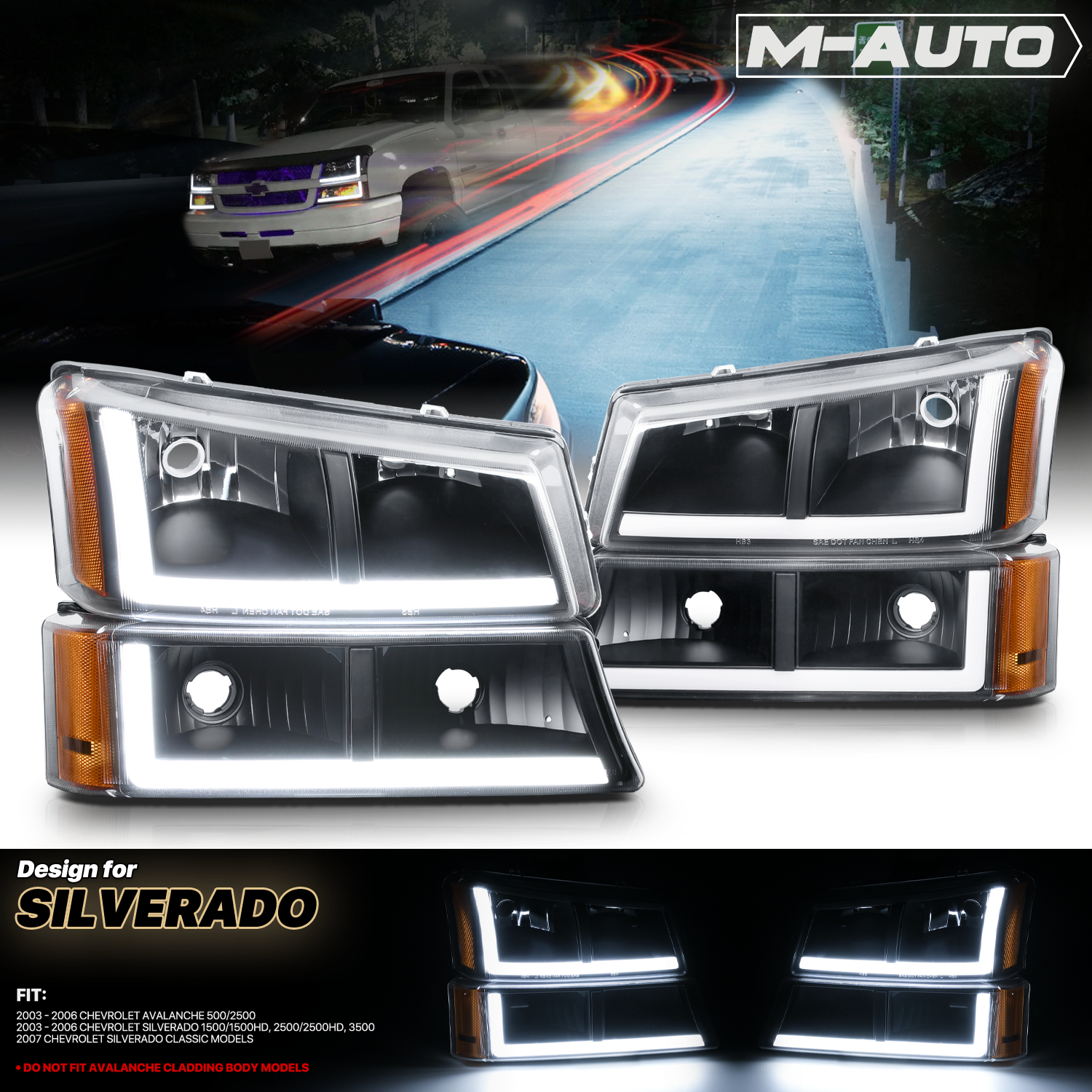 LED DRL Headlight+Bumper Light (Black)<br>03-06 Chevy Silverado, Avalanche