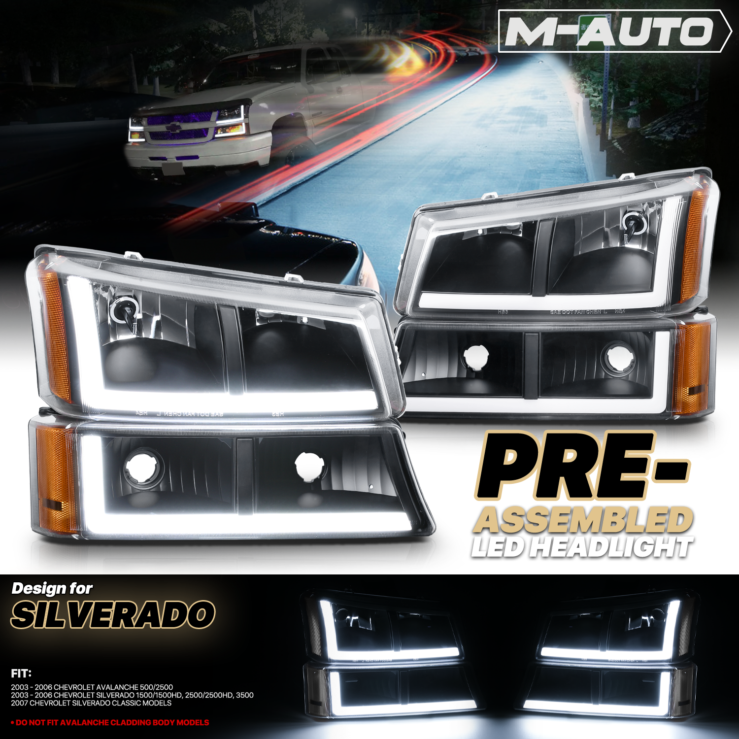 LED DRL Headlight+Bumper Light w/LED Bulbs (Black)<br>03-06 Chevy Silverado, Avalanche