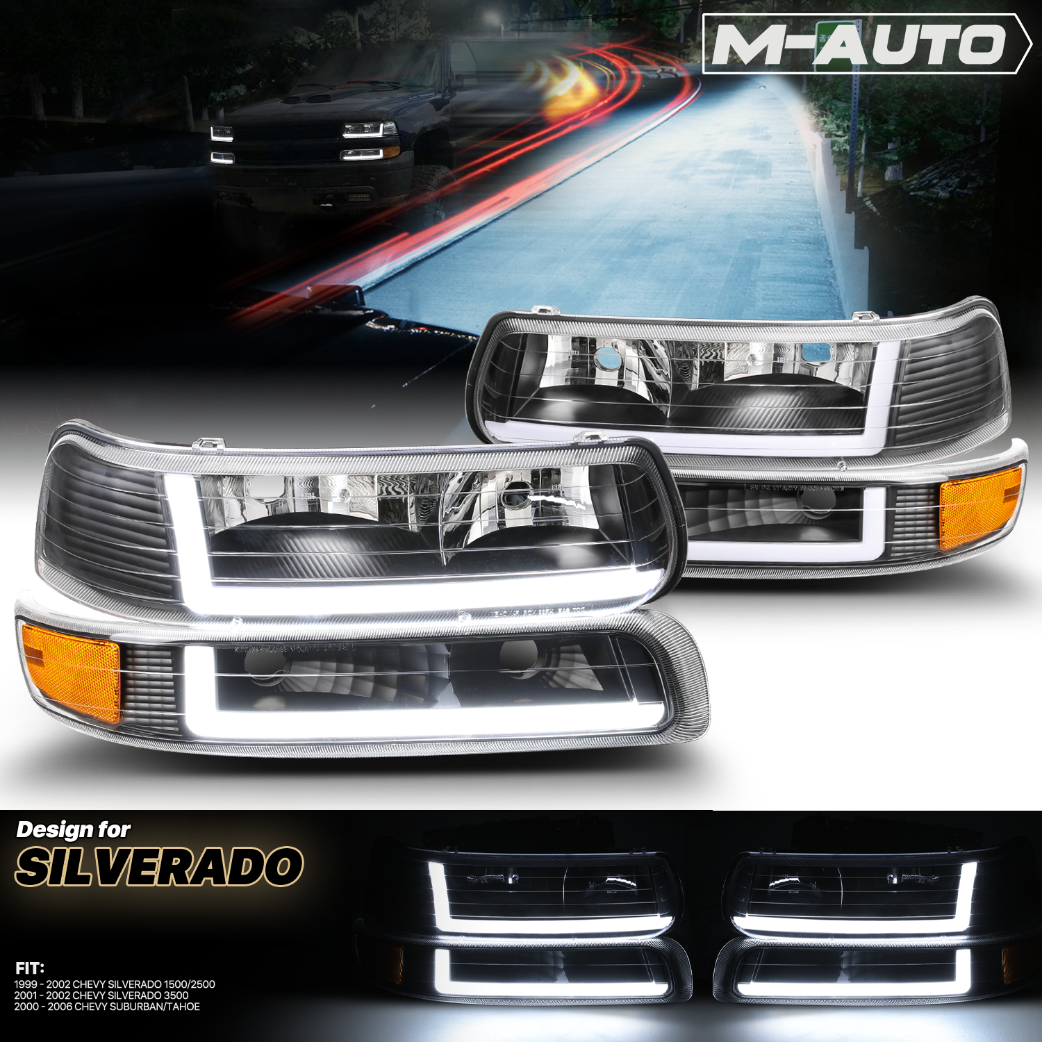 LED DRL Headlight+Bumper Light (Black)<br>99-02 Chevy Silverado, 00-06 Suburban, Tahoe