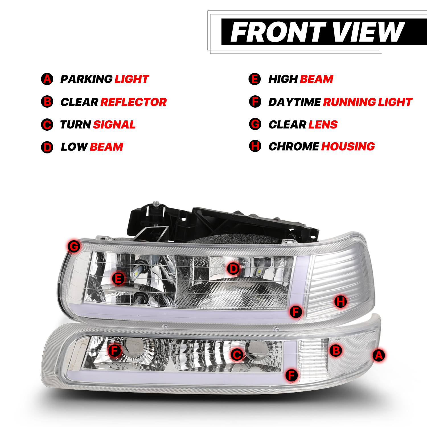 LED DRL Headlight+Bumper Light w/LED Bulbs (Chrome)<br>99-02 Chevy Silverado, 00-06 Suburban, Tahoe