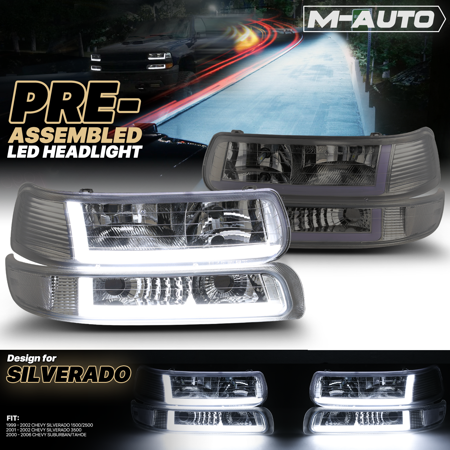 LED DRL Headlight+Bumper Light w/LED Bulbs (Smoked)<br>99-02 Chevy Silverado, 00-06 Suburban, Tahoe