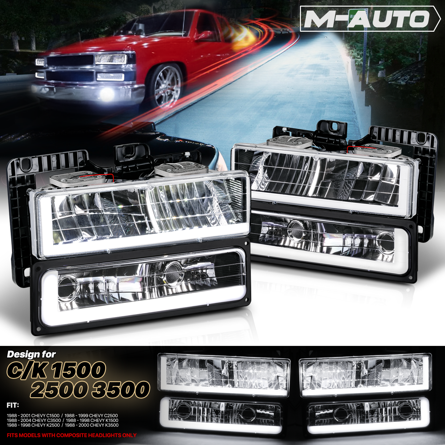 LED DRL Headlight+Bumper Light (Black)<br>94-00 Chevy/GMC C/K Pickup, Suburban