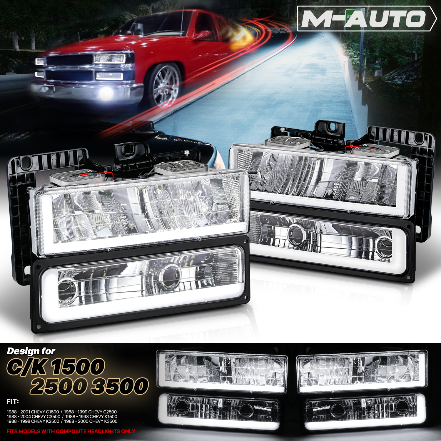 LED DRL Headlight+Bumper Light (Chrome)<br>94-00 Chevy/GMC C/K Pickup, Suburban