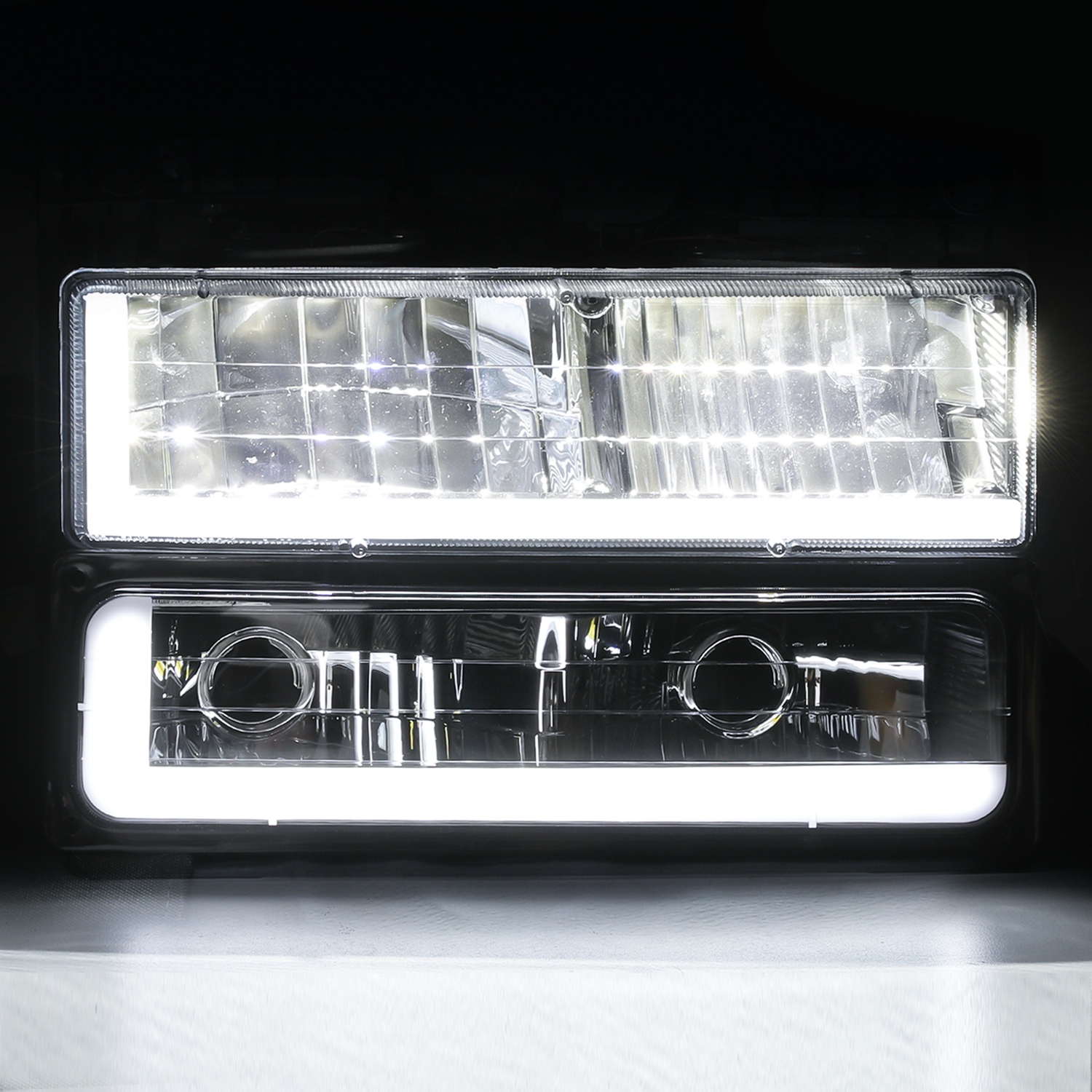 8pcs Headlight w/LED DRL Strip (Black)<br>88-93 Chevy C/K C10 Pickup, Suburban
