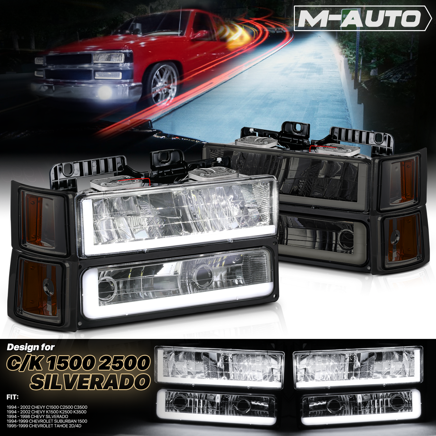 8pcs Headlights w/LED DRL Strip (Smoked)<br>94-00 Chevy C/K C10 Pickup, Suburban
