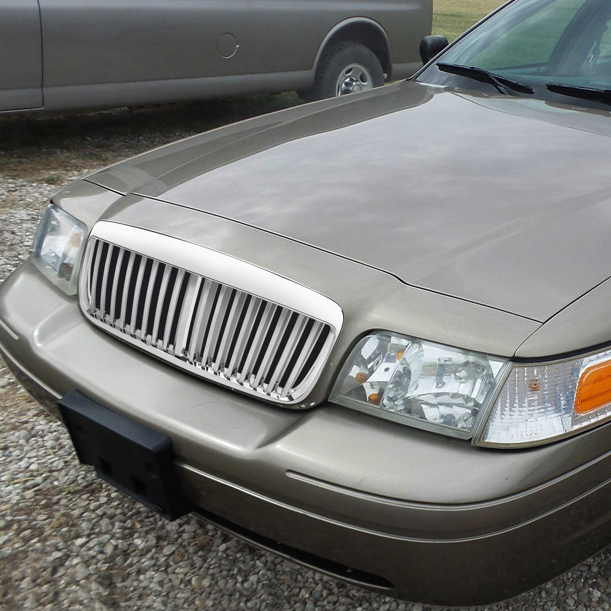 98-07 Ford Crown Victoria Front Grille - Badgeless Vertical Fence Style - Chrome