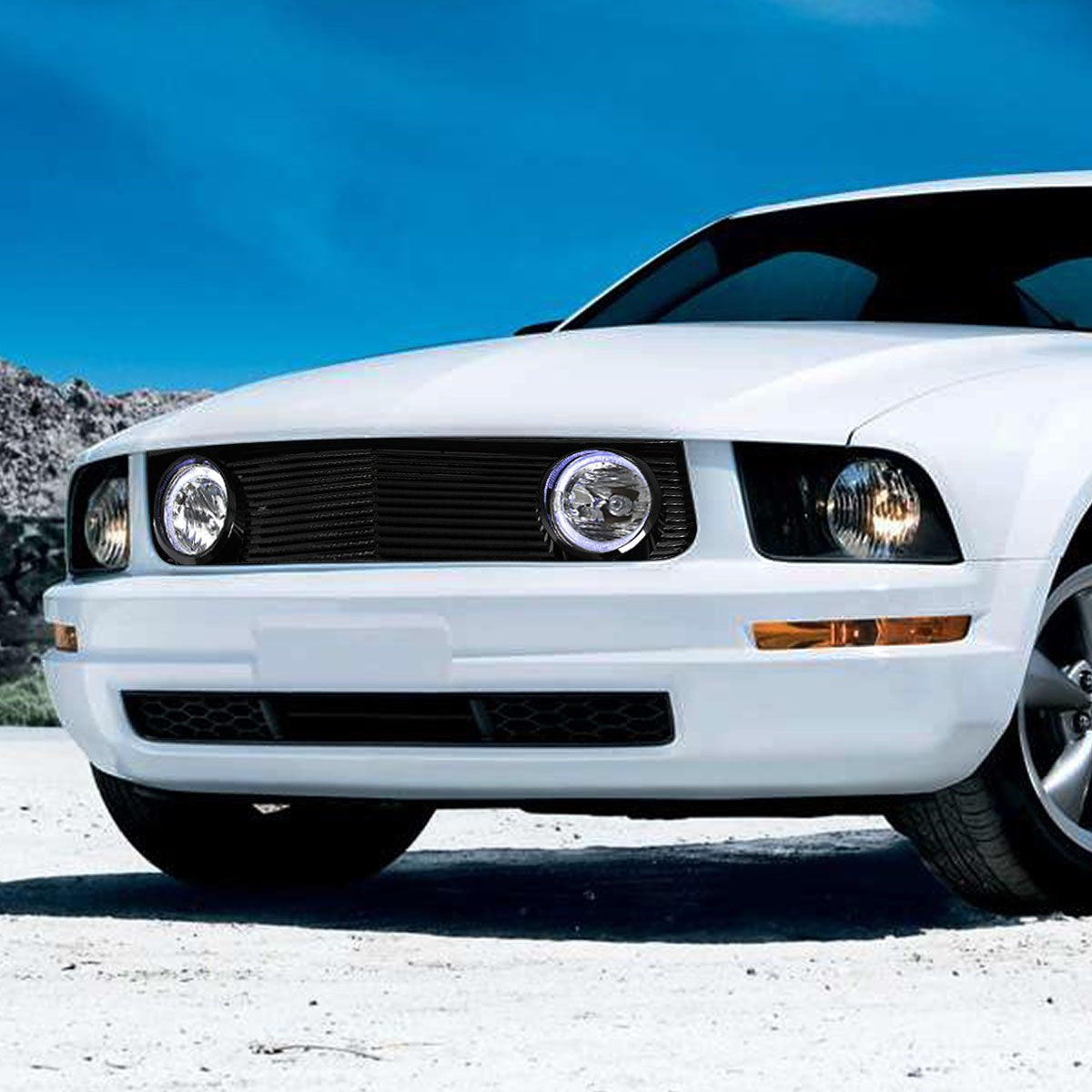 05-09 Ford Mustang 4.0L V6 Front Grille w/Halo Fog Lights - Horizontal Fence Mesh