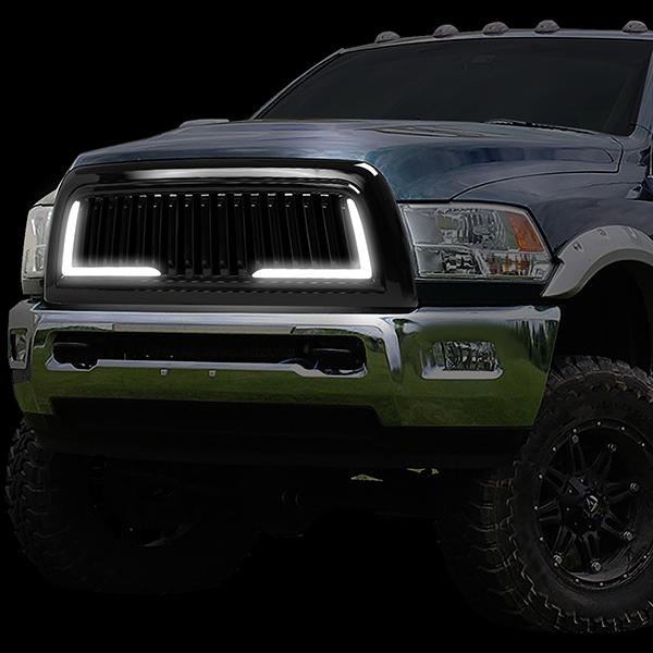 10-18 Ram 2500 3500 LED DRL Front Grille - Badgeless Vertical Fence Style - Gloss Black