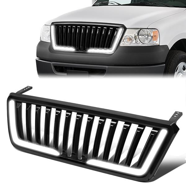 04-08 Ford F150 Front Grille+LED Bar - Badgeless Vertical Fence Style - Black