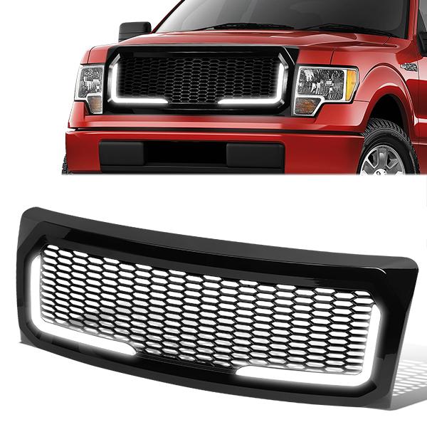 09-14 Ford F150 LED DRL Front Grille - Badgeless Honeycomb Mesh - Gloss Black