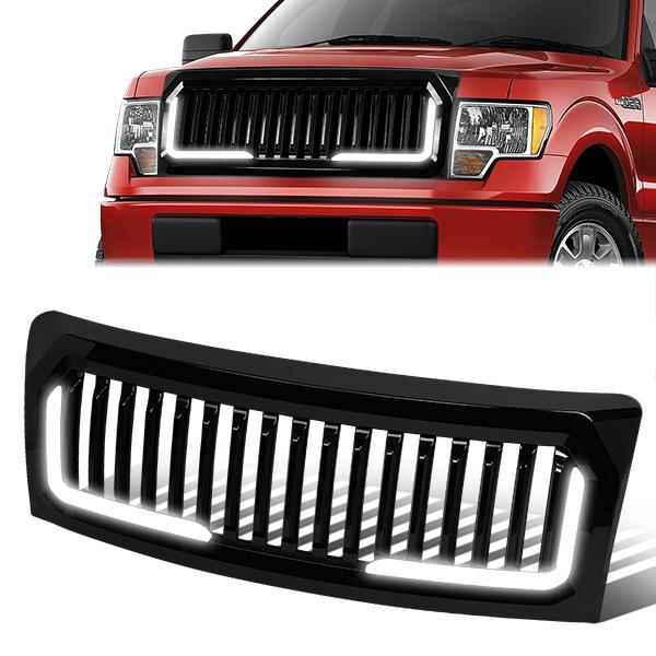 09-14 Ford F150 LED DRL Front Grille - Badgeless Vertical Fence Style - Gloss Black