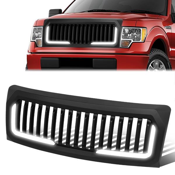 09-14 Ford F150 LED DRL Front Grille - Badgeless Vertical Fence Style - Matte Black