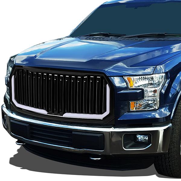 15-17 Ford F150 Front Grille+LED Bar - Badgeless Vertical Fence Style - Black