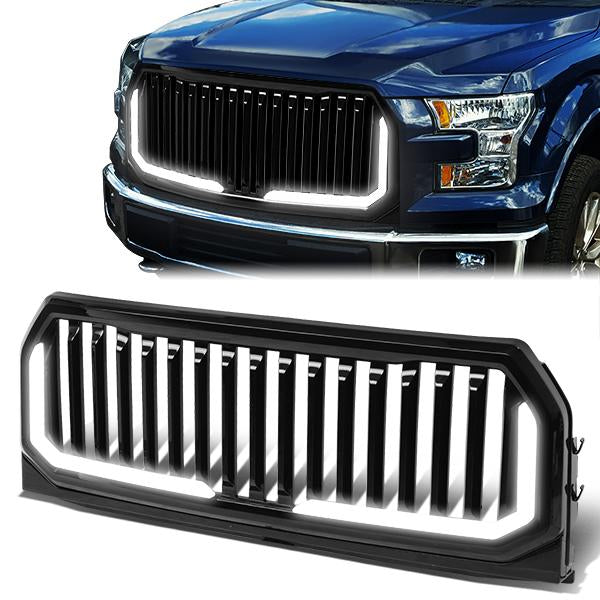 15-17 Ford F150 Front Grille+LED Bar - Badgeless Vertical Fence Style - Black