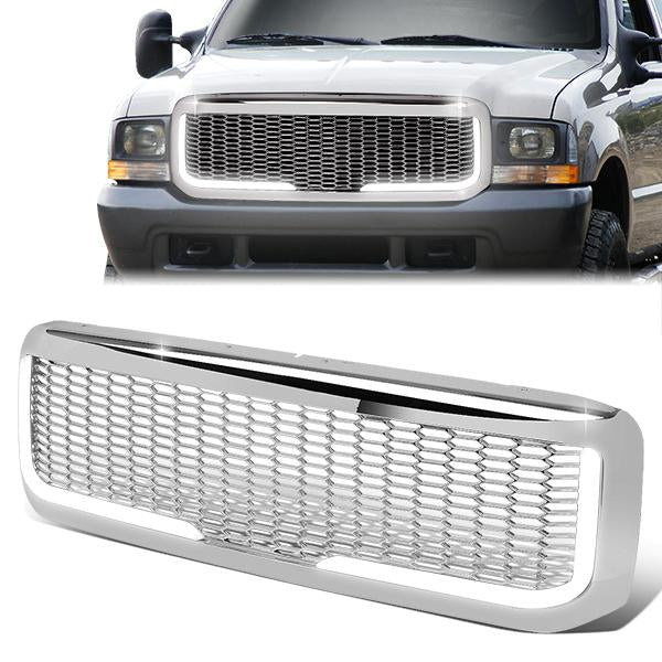 99-04 Ford F250 F350 Super Duty Front Grille+LED Bar - Honeycomb Mesh - Chrome