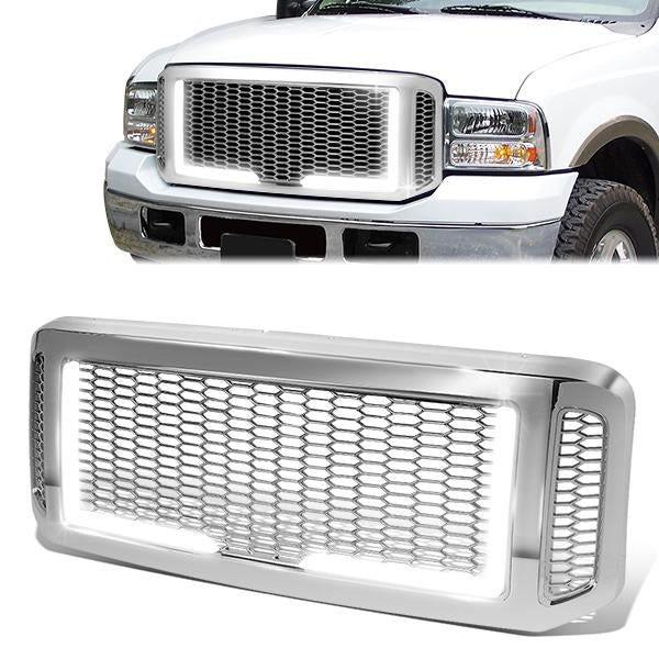 05-07 Ford F250 F350 F450 F550 Super Duty Front Grille+LED Bar - Honeycomb Mesh - Chrome