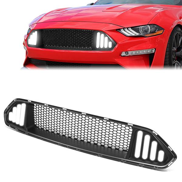 18-20 Ford Mustang Front Upper Bumper Grille w/Antenna LED DRL - Badgeless Honeycomb Mesh