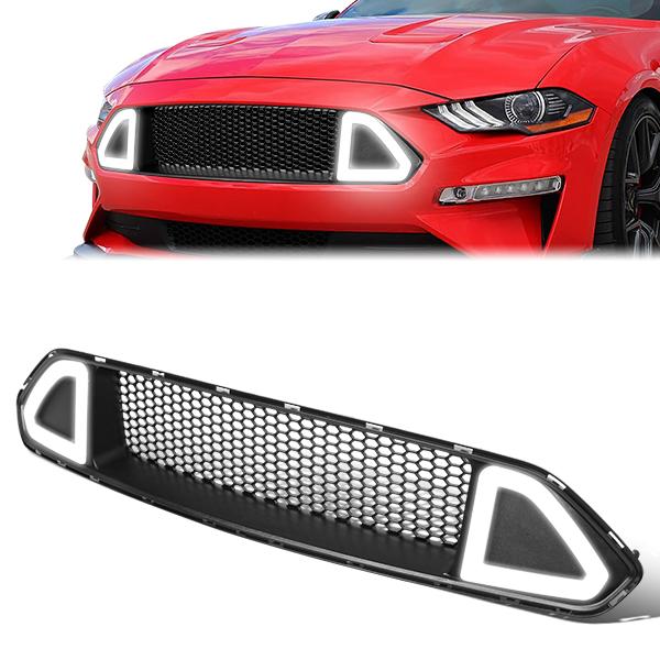 18-20 Ford Mustang Front Upper Bumper Grille w/Triangle LED DRL - Badgeless Honeycomb Mesh