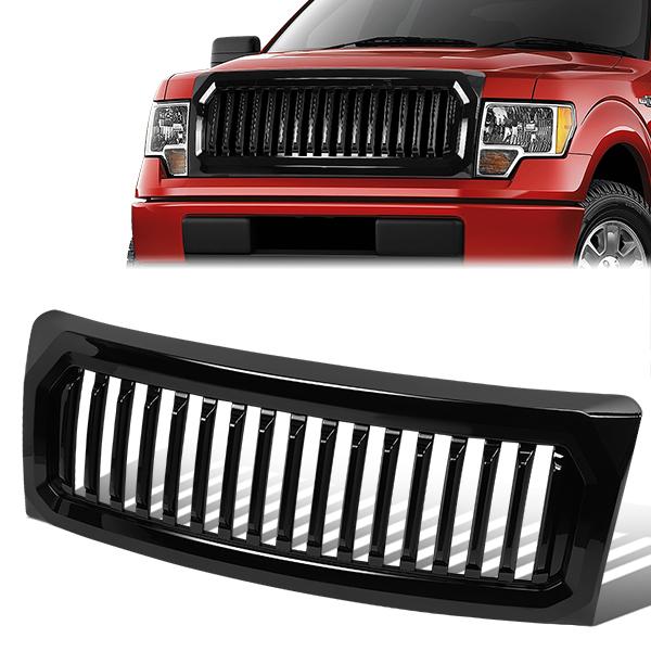 09-14 Ford F150 Front Grille - Badgeless Vertical Fence Style - Gloss Black