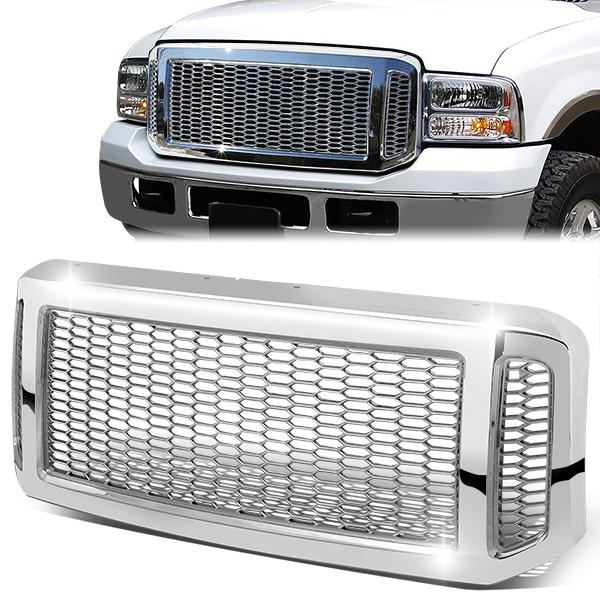 05-07 Ford F250 F350 F450 F550 Super Duty Front Grille - Badgeless Honeycomb Mesh - Chrome