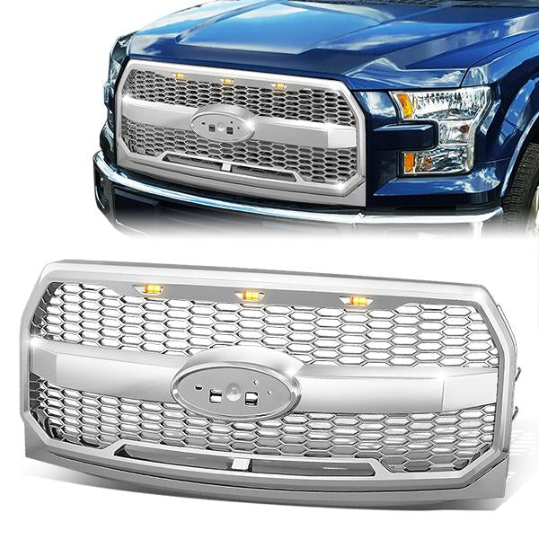 15-17 Ford F-150 Front Grille+LED - Honeycomb Mesh - Chrome