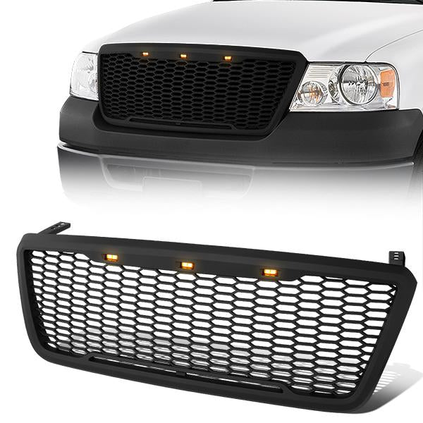 04-08 Ford F-150 Front Grille+LED - Badgeless Honeycomb Mesh - Matte Black