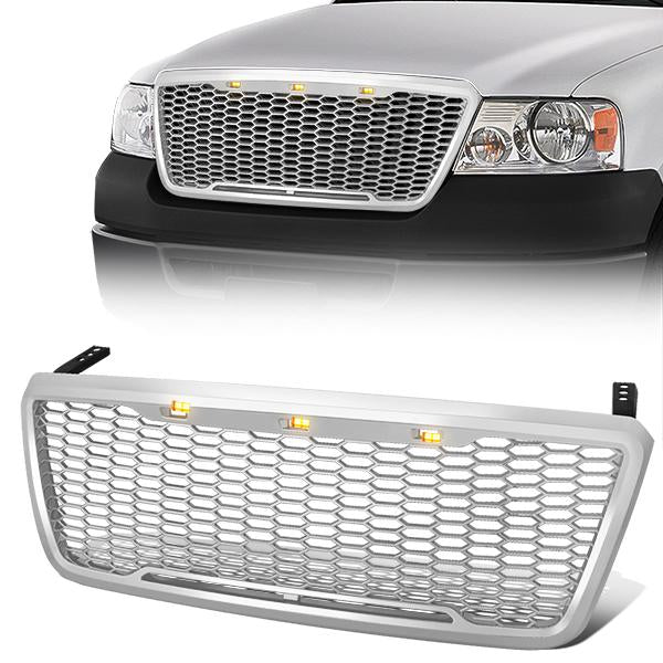 04-08 Ford F-150 Front Grille+LED - Badgeless Honeycomb Mesh - Chrome