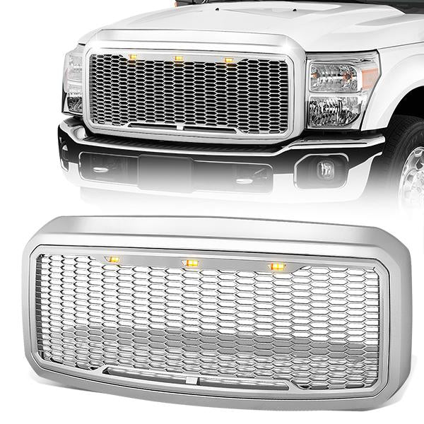 11-16 Ford F250 F350 F450 F550 Super Duty Front Grille+LED - Honeycomb Mesh - Chrome