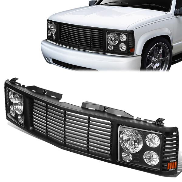 94-00 Chevy GMC C/K 1500 2500 3500 Black Housing Headlights+ Front Grille