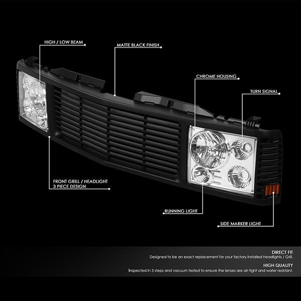 94-00 Chevy GMC C/K 1500 2500 3500 Chrome Housing Headlights+Black Front Grille