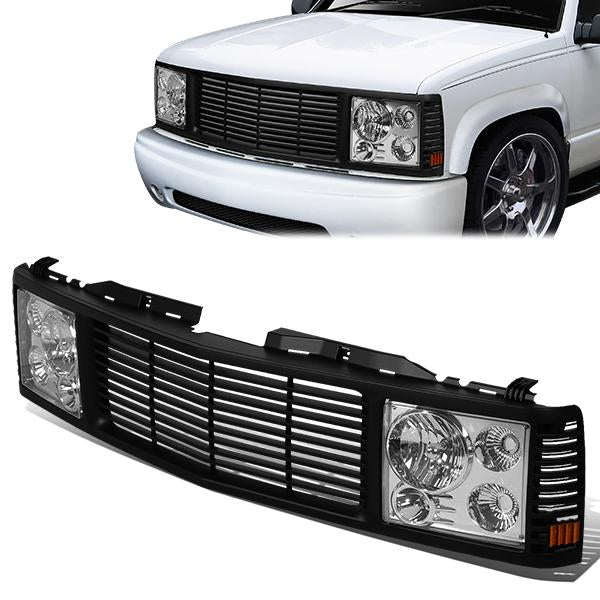 94-00 Chevy GMC C/K 1500 2500 3500 Chrome Housing Headlights+Black Front Grille