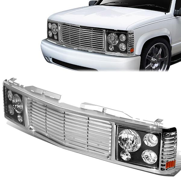 94-00 Chevy GMC C/K 1500 2500 3500 Black Housing Headlights+Chrome Front Grille