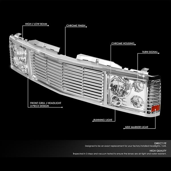 94-00 Chevy GMC C/K 1500 2500 3500 Chrome Housing Headlights+ Front Grille