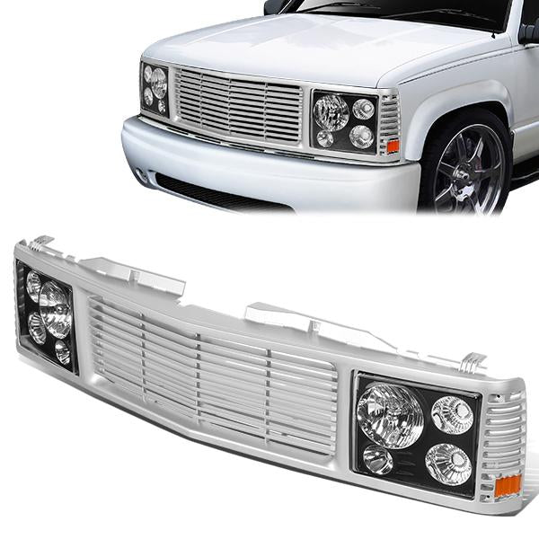 94-00 Chevy GMC C/K 1500 2500 3500 Black Housing Headlights+Silver Front Grille