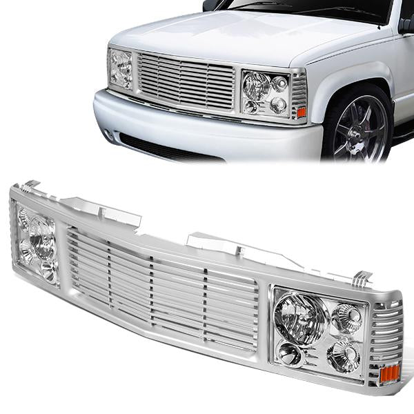 94-00 Chevy GMC C/K 1500 2500 3500 Chrome Housing Headlights+Silver Front Grille